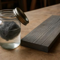 Glasburk med ättika och stålull bredvid en furubräda med grå bets