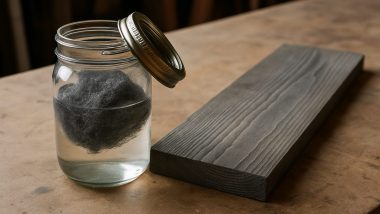Glasburk med ättika och stålull bredvid en furubräda med grå bets