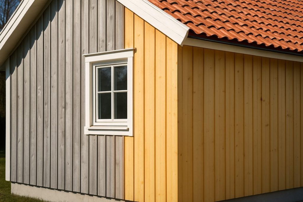 Ny träpanel på ett hus där halva väggen har fått grå ton av järnvitriol