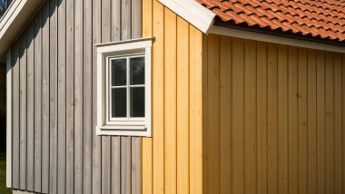 Ny träpanel på ett hus där halva väggen har fått grå ton av järnvitriol