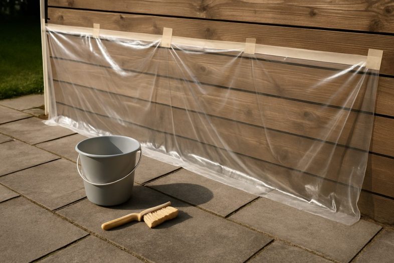 Stenplattor täckta med plast och tejp intill en träpanel som ska strykas