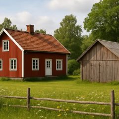Rött trähus och ett grått uthus i svensk landsbygdsmiljö