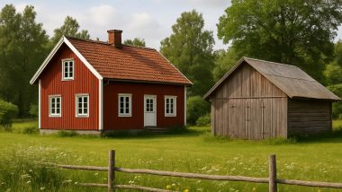 Rött trähus och ett grått uthus i svensk landsbygdsmiljö