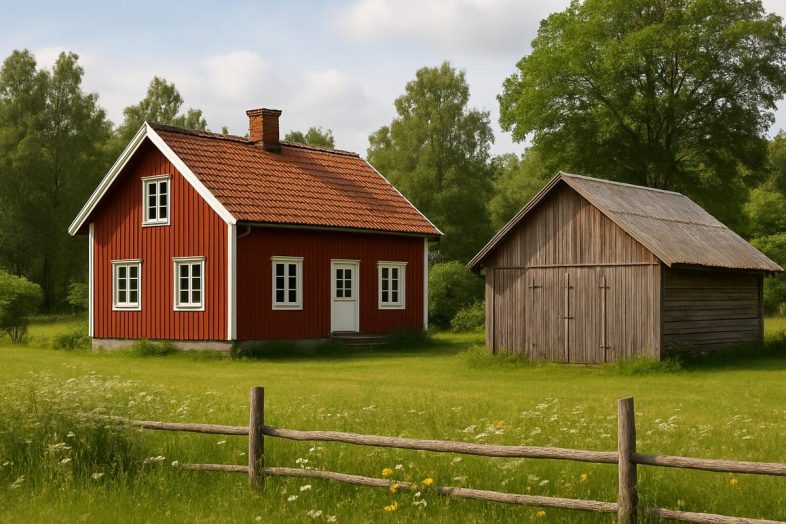 Rött trähus och ett grått uthus i svensk landsbygdsmiljö